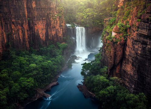 Beautiful landscape with huge waterfall with cliff background. 3D rendering