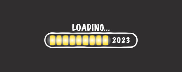 Download bar. 2022 loading, 2023 next year. Funny horizontal banner, for web or print. Text and symbols on black background. Poster or card template in doodle style. Vector illustration