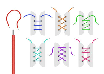 Tying shoelaces on sports shoes, realistic vector illustrations set isolated.