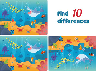 Naklejka na ściany i meble Find the differencts of seaworld. Funny picture of underwater for kids