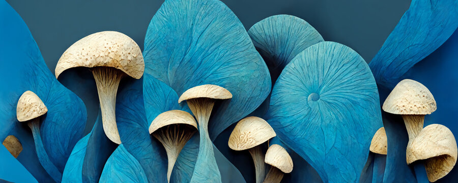 Abstract blue Mushrooms, trippy psychedelic lsd art. For: Web banner, texture, pattern, wallpaper.