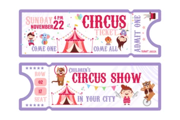 Foto op Canvas Circus ticket pass template with animal artists, strongman, acrobat and juggler. Entrance coupons with tent and carnival arena in amusement park for performing show. Invitation cards on festival event © redgreystock