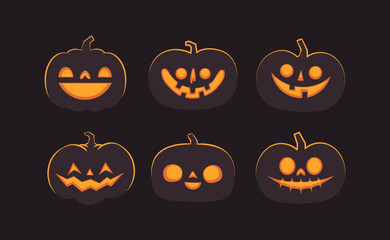 Set of carved halloween pumpkins. Jack o Lantern glowing inside with smile for your design for the holiday. Cute and fun vector illustration.