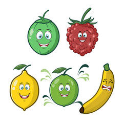 cute fruit facial expression illustration. raspberry, coconut lemon, lime and banana