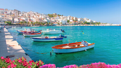 Sitia, Crete, Greece; October 4, 2022 - Fishing boats moored at the harbour, Sitia, Crete, Greece.	
