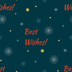 Fototapeta na wymiar Raster xmas seamless pattern. Include set of hand drawn snowflakes, gold stars with sparkles and red handwritten words Best Wishes. Wrapping paper for New Year gift. Snowflakes on dark blue background
