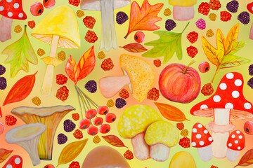 Seamless pattern with autumn pattern with hand drawn watercolor yellow leaves, berries and mushrooms.