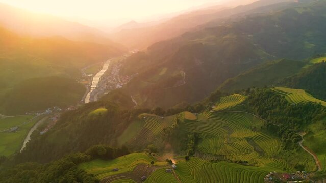 Aerial view of golden rice terraces at Mu cang chai town near Sapa city, north of Vietnam. Beautiful terraced rice field in harvest season in Yen Bai, Vietnam