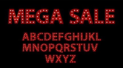 Mega sale. Red letters with luminous glowing lightbulbs. Vector typography words design. Bright signboard signage.