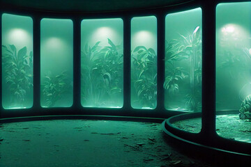 Fantasy interior of abandoned alien spaceship with glasses and plants. 3D illustration