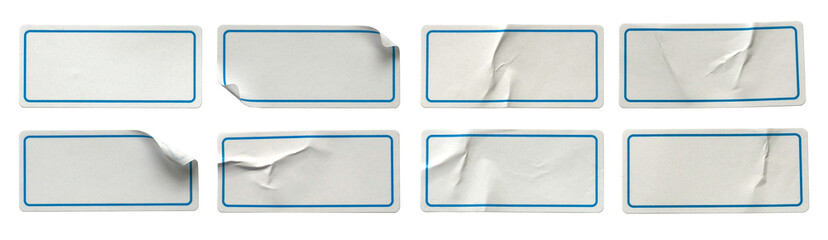 A set of white rectangular paper sticker label isolated on white background.