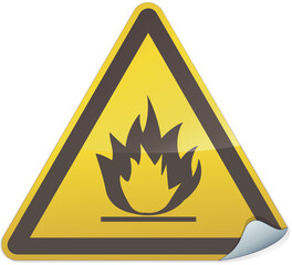 Yellow and black metallic triangular flammable product hazard warning sticker