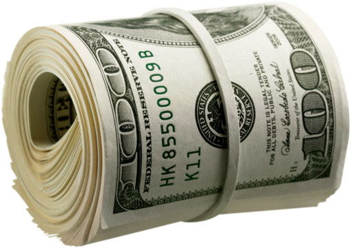 Dollar roll tightened with band. Rolled money isolated on white