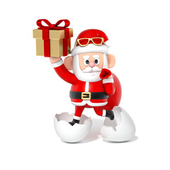 Santa Claus 3D cartoon character holding a luxury gift box standing in the egg on white background 3d rendering. 3d illustration celebration christmas and cute new year festive design concept.