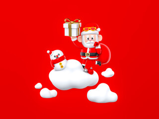 Santa Claus 3D cartoon character holding gift box with snowman standing on the clouds on red background 3d rendering. 3d illustration celebration christmas and cute new year festive design concept.