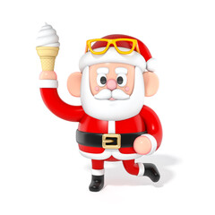 Santa Claus 3D cartoon character holds up delicious ice cream on white background 3d rendering. 3d illustration celebration christmas and cute new year festive design concept.