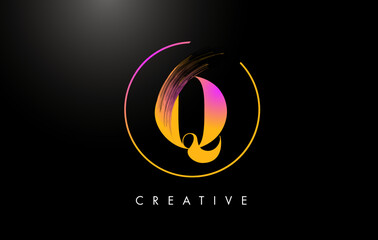 Q Brush Stroke Letter Logo Design. Orange Purple Paint Logo Leters Icon.