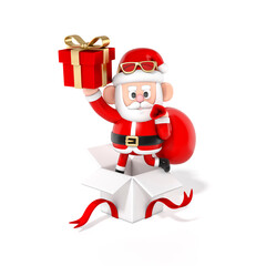 Santa Claus 3D cartoon character holding a luxury gift box standing in a gift box on white background 3d rendering. 3d illustration celebration christmas and cute new year festive design concept.