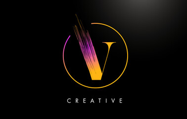 V Brush Stroke Letter Logo Design. Orange Purple Paint Logo Leters Icon.