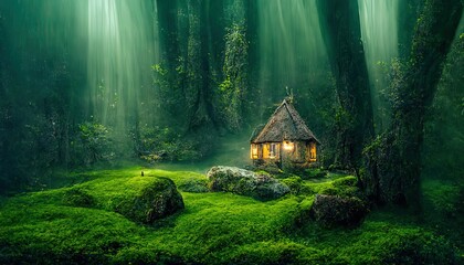 Fairy tale fantasy forest wiht green grass and little cottage house in the woods with tall trees and river, beautiful illustration