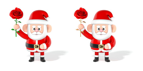 Santa Claus 3D cartoon character holds up a rose on white background 3d rendering. 3d illustration celebration christmas and cute new year festive design concept.