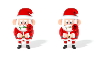 Santa Claus 3D cartoon character holds a rose in his mouth on white background 3d rendering. 3d illustration celebration christmas and cute new year festive design concept.