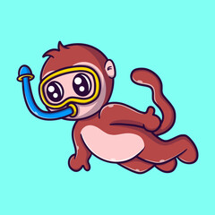 cute monkey diving cartoon vector icon illustration