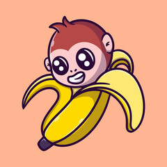 Cute banana ape cartoon vector icon illustration for business