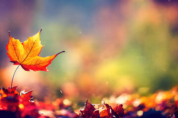 Laub am Boden im Herbst mit fliegende bunte Blätter in der Unschärfe, Textfreiraum