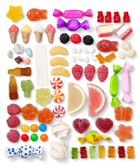 Foto op Plexiglas Various colorful candies isolated on white background, flat lay © BillionPhotos.com
