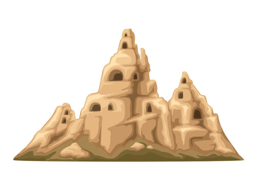 Mountain landscape in Cappadocia, Turkey tuff vector illustration. Cartoon Turkish rocky canyon with chimneys of cliffs and silhouettes of entrance holes, caves in rocks and abstract stone houses