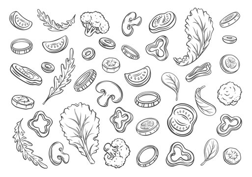 Cut vegetables outline icons set vector illustration. Black line slices and pieces of food ingredients for cooking sauces and salads of vegetarian diet, silhouettes of tomato and cucumber, mushroom