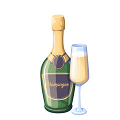 Bottle and glass with champagne, luxury alcohol drink with bubbles vector illustration. Cartoon closed bottle with cork and golden label, isolated sparkling alcoholic grape wine in clear wineglass