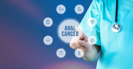 Anal cancer. Doctor points to digital medical interface. Text surrounded by icons, arranged in a circle.