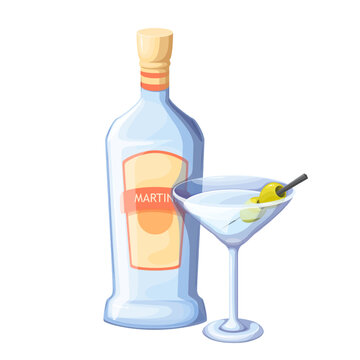 Bottle and glass with martini, cool alcohol drink for cocktail party in restaurant vector illustration. Cartoon isolated martini bottle with cap and gold label, olives on stick in cup with liquid