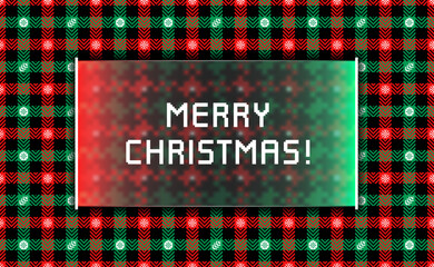 Merry Christmas web banner. Sci-fi screen with neon glow on the background of a seamless tartan pattern. Vector illustration in 8-bit pixel art design. 