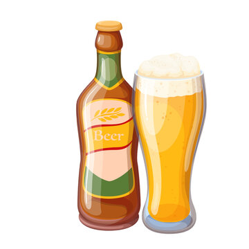 Craft beer in bottle and glass, alcohol drink for party in bar, pub or beer festival vector illustration. Cartoon isolated glass full of yellow fresh cold lager, beverage with foam and bubbles
