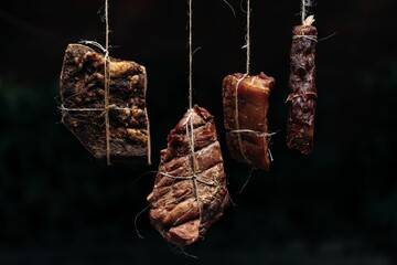 Dried meat hanging by a thread on a black background