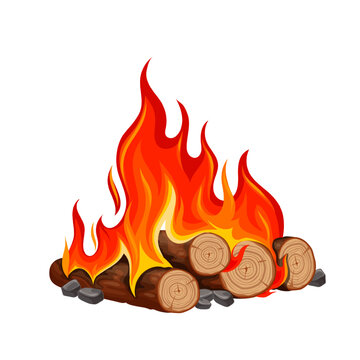 Fire of bonfire with stack of burning logs vector illustration. Cartoon isolated pile of firewood and coal burn in fireplace of outdoor campsite in forest, heat of campfire flame for scouts picnic