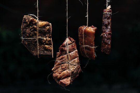 Dried Meat Hanging By A Thread On A Black Background