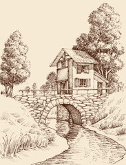 Rustic mansion exterior sketch, stone bridge over river landscape