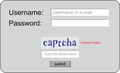 Captcha words for human security login for security of website . digital recaptcha Robot spam check with user name and password . vector templet Eps8