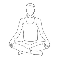 Line art of woman doing Yoga in lotus pose vector. Girl cross-legged sitting or meditation in both Buddhism and Hinduism.