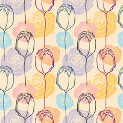 Fototapeta na wymiar Retro floral seamless pattern. Pastel roses and tulips design