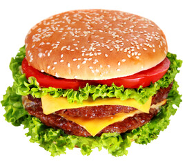 Hamburger on white background, menu for cafe and fast-food restaurant