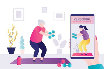 Personal trainer showing old woman how to squat with dumbbells. Grandmother doing physical activity with weights