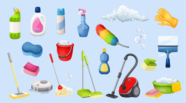 Cleaning tools set, equipment and detergents to clean floor, window in house vector illustration. Cartoon isolated housekeeping supplies, vacuum cleaner and broom, squeegee, mop and brush for cleanup