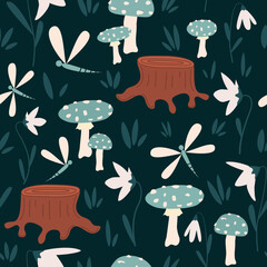 cute seamless vector pattern background illustration with mushrooms, dragonfly, grass, flowers and log	
