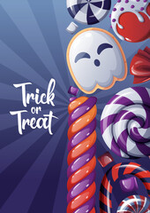 Vector card with Halloween sweets or poster for the holiday with handwritten coligraphy. Party invitation, trick or treat.