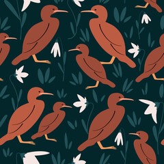 cute seamless vector pattern background illustration with brown birds, white flowers and grass